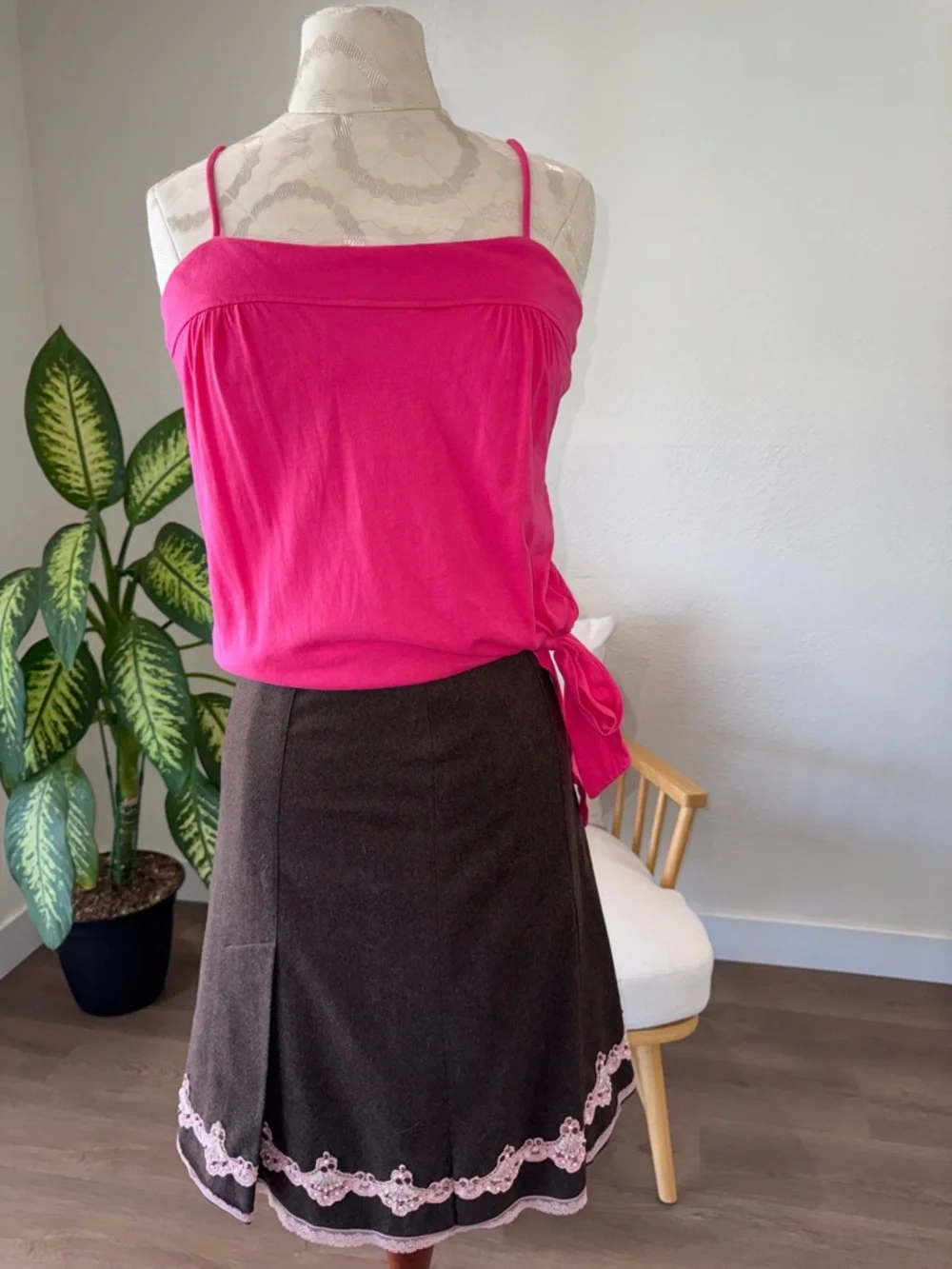 Express Brown A-Line KneeY2K Cottagecore Wool Blend Pink Sequin Lace Hem Skirt 6